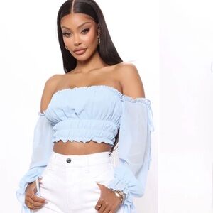 Fashion Nova Light Blue Off-Shoulder Smocked Crop Blouse